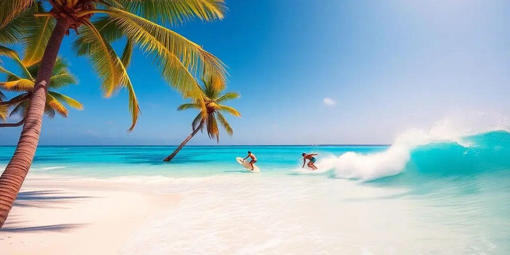 Surfers riding waves in the beautiful Maldives ocean.