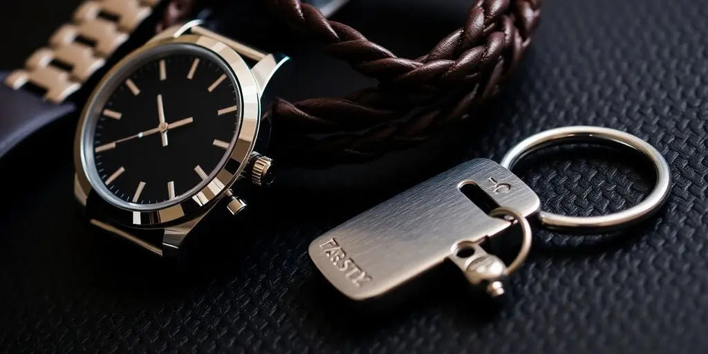 Stylish men's accessories arranged on a dark surface.