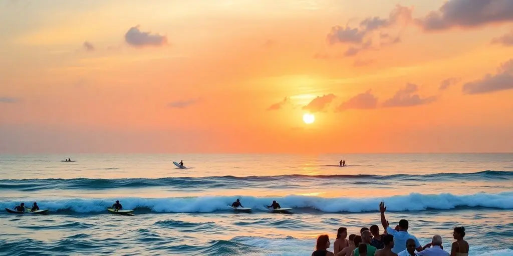 Surfers and a boat party at sunset in Weligama.