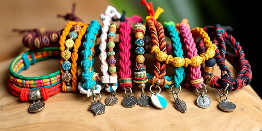 Colorful handmade Pura Vida bracelets on a wooden background.