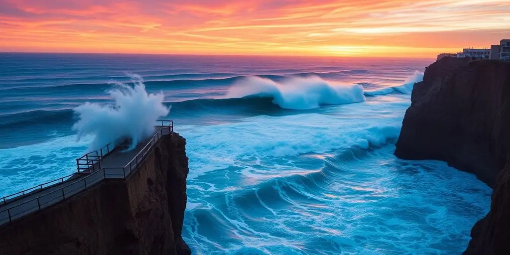 Surfer riding massive waves at Nazaré during sunset.