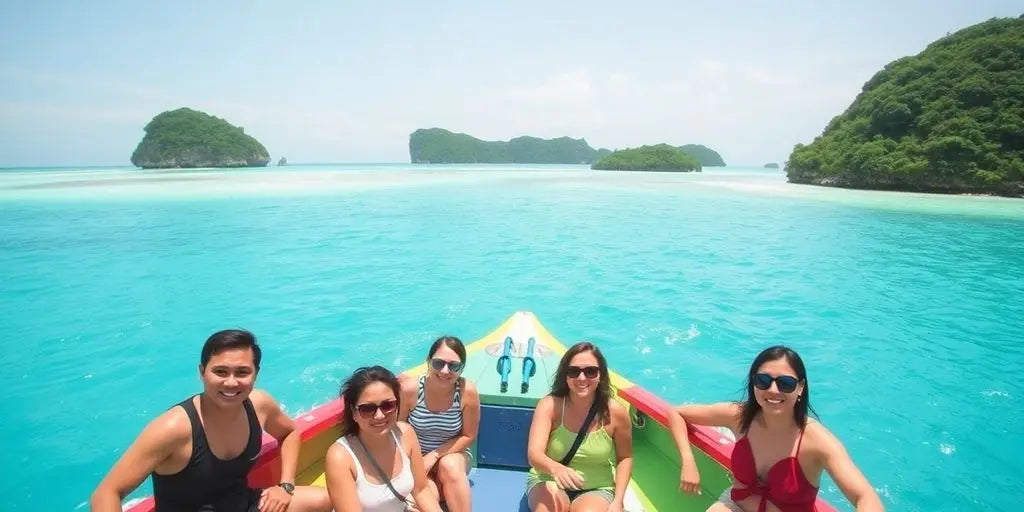 Tourists island hopping in the beautiful waters of Siargao.