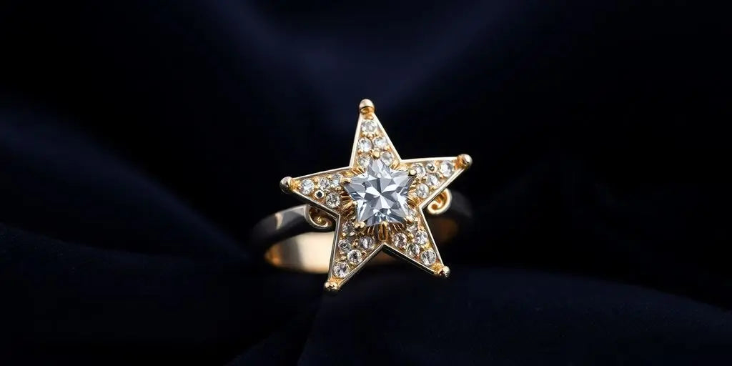 Close-up of a star-shaped ring with sparkling gemstones.