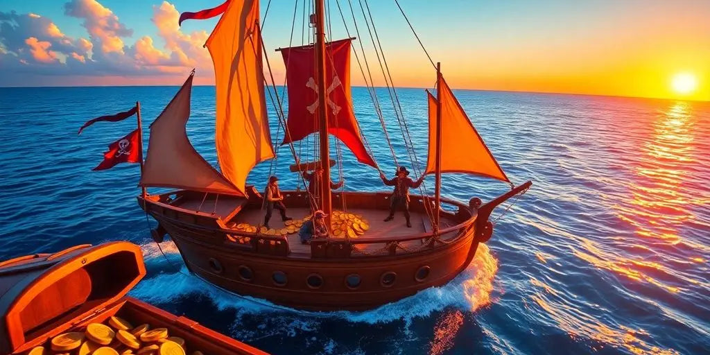 Pirate ship with crew sailing on a sunset sea.