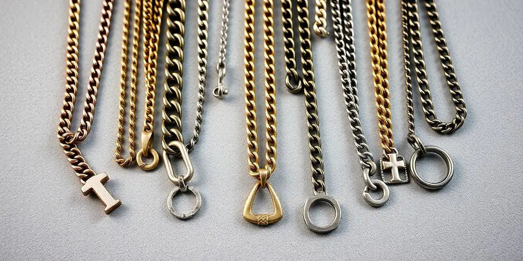 Trendy guy chains on a textured surface in flat lay.