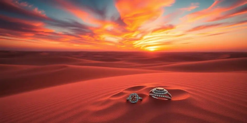Desert scene with beautiful jewelry against sandy dunes.