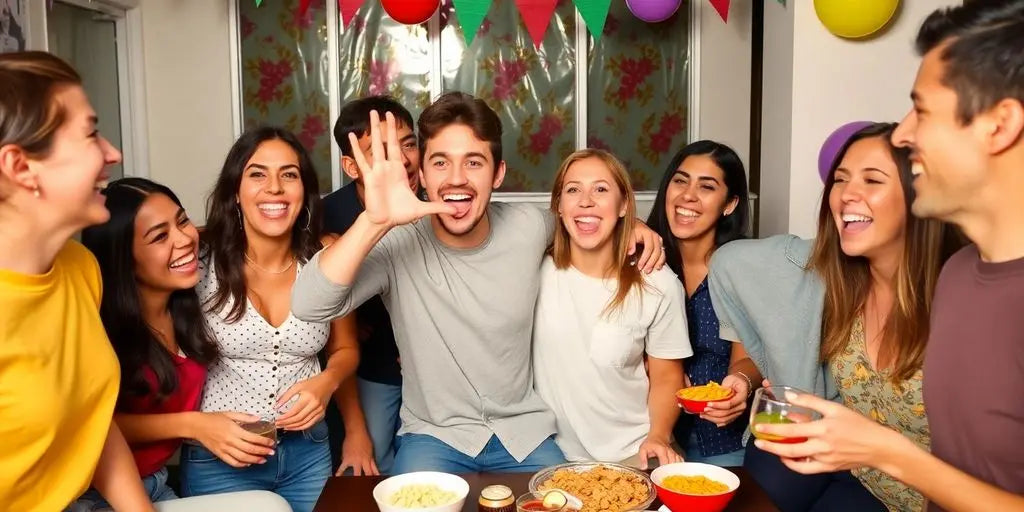 Friends laughing together in a fun, casual setting.