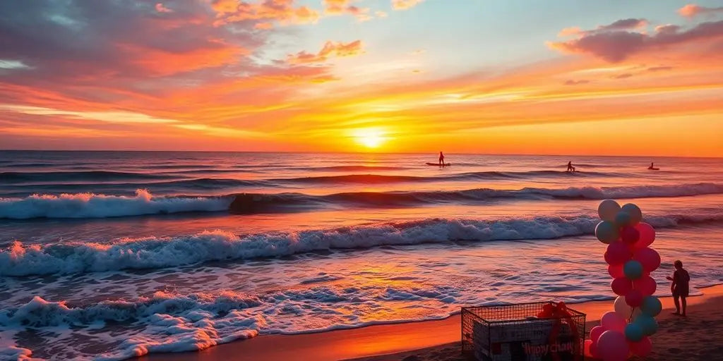 Surfers riding waves at sunrise on a beach birthday.