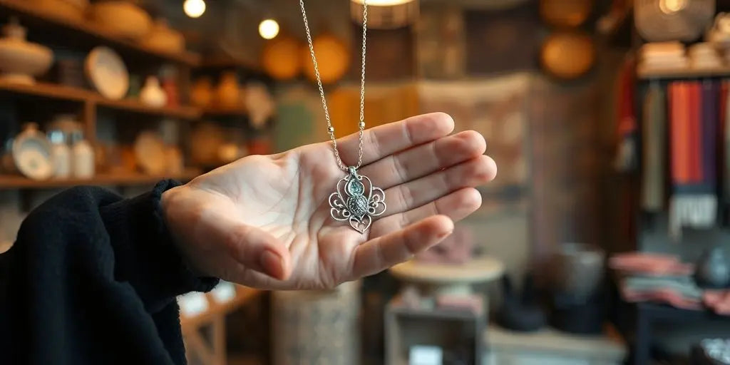 A woman admiring handcrafted jewelry in an eclectic boutique.