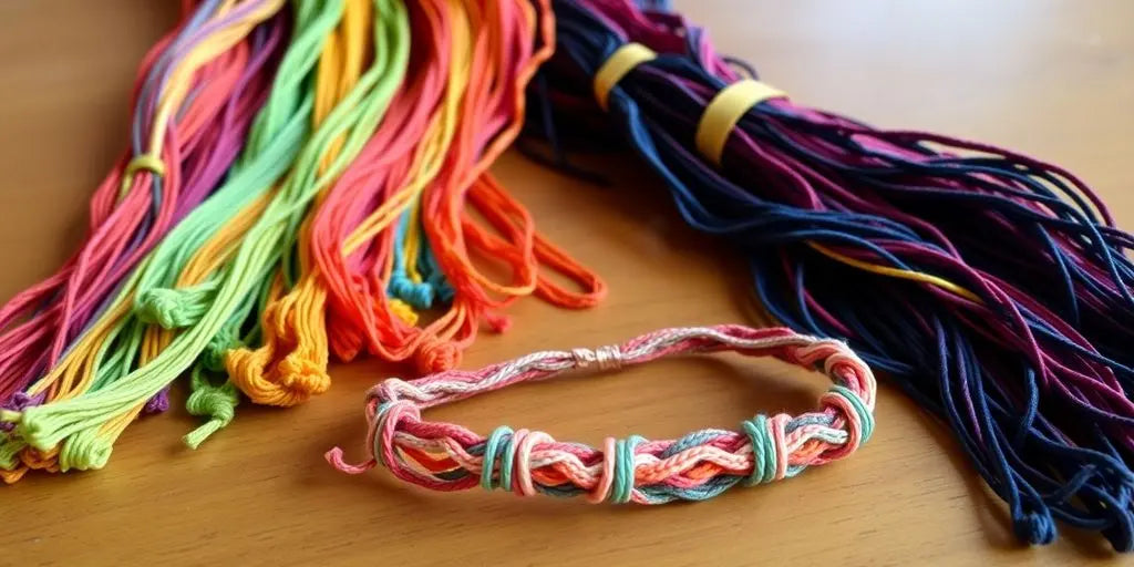 Colorful threads and a handmade bracelet on wood.
