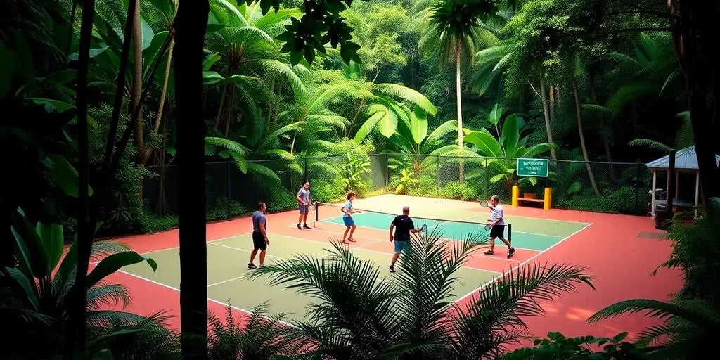 Pickleball players on a colorful jungle court at Nihi.