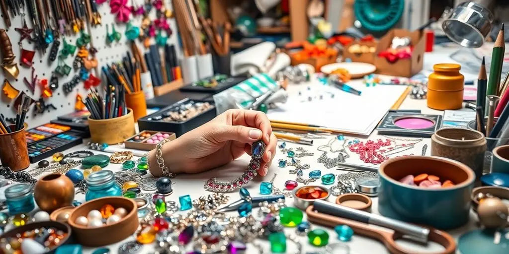 Hands creating unique jewelry with colorful gemstones.