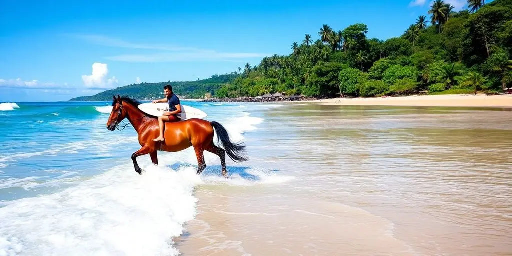 Surfer being pulled by a horse on Sumba Island beach.