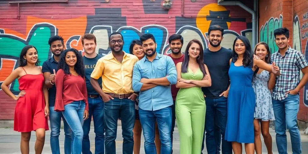 Diverse group of people in a vibrant urban setting.
