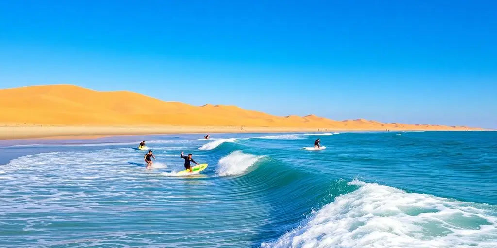 Surfers riding waves in Imsouane, Morocco with dunes.