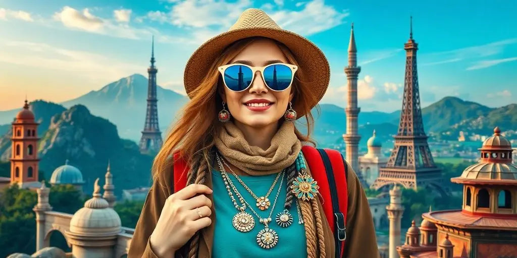 Traveler crafting jewelry against famous world landmarks.