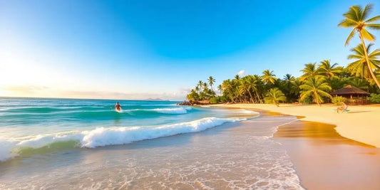 Tropical beach in Siargao, surfers, turquoise water, sunset.