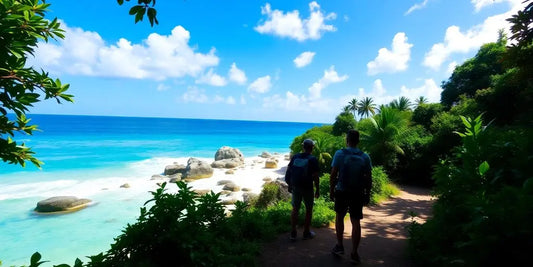 Silhouetted hikers entering jungle path toward hidden tropical beach cove.