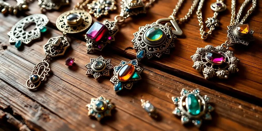 Handcrafted jewelry pieces on a rustic wooden surface.