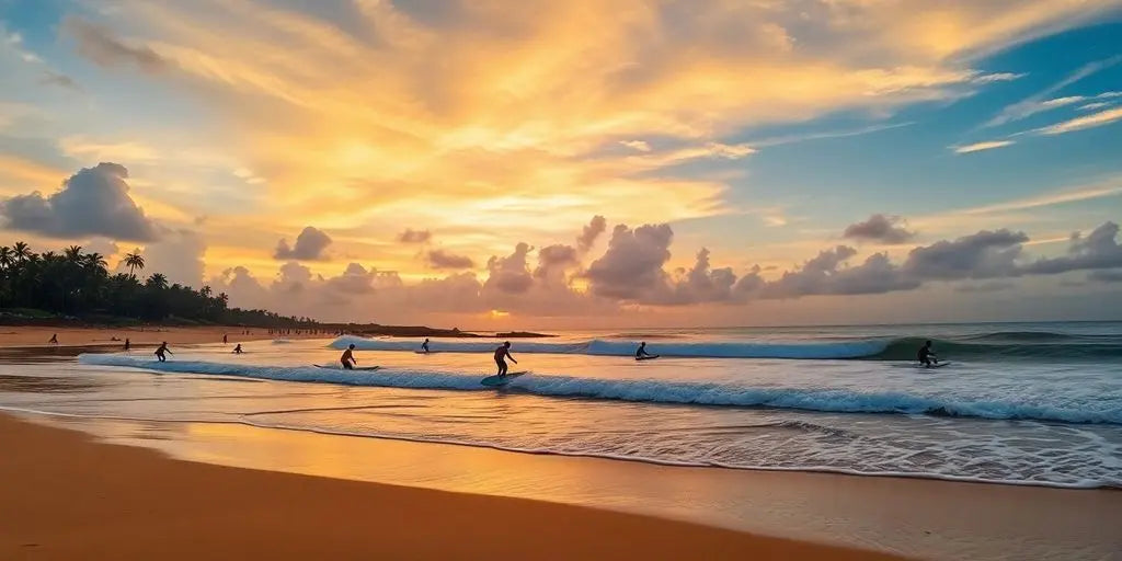Surfers riding waves at a beautiful Sri Lankan beach.
