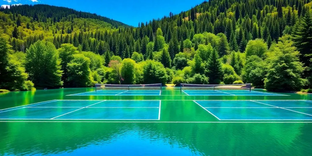 Paddle courts nestled in lush wilderness with serene waters.