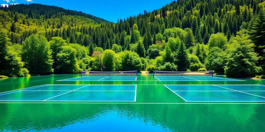 Paddle courts nestled in lush wilderness with serene waters.