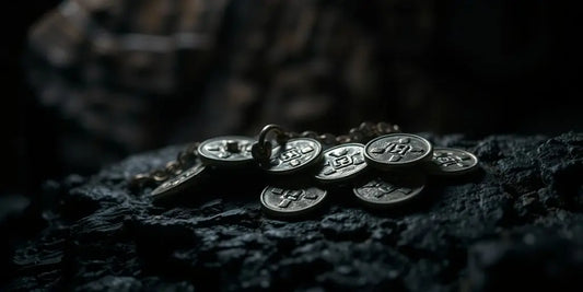 Ancient silver artifacts gleaming in a dark cavern.
