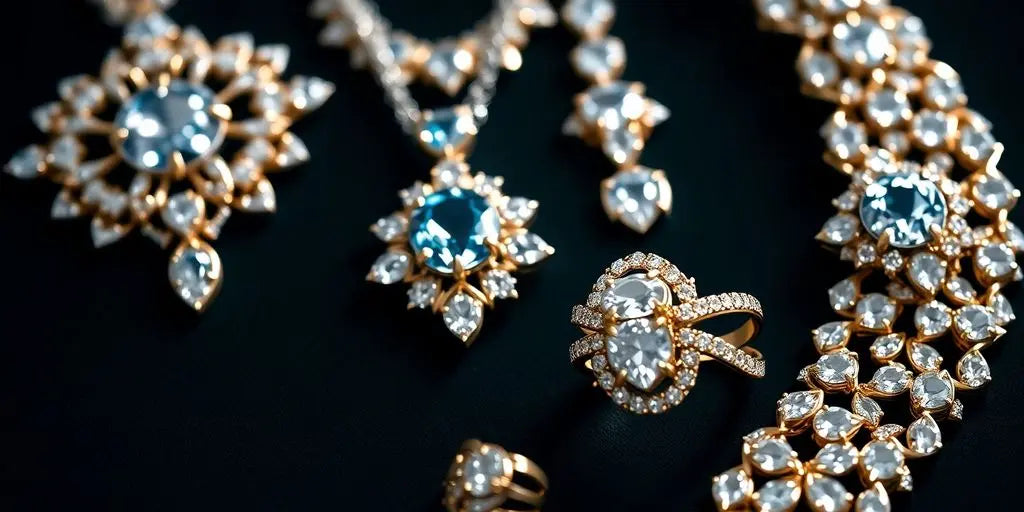Close-up of elegant J S Jewellery pieces with gemstones.