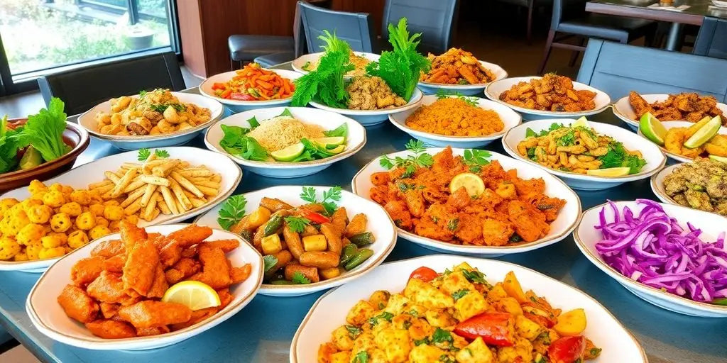 A colorful gourmet spread featuring diverse culinary dishes.
