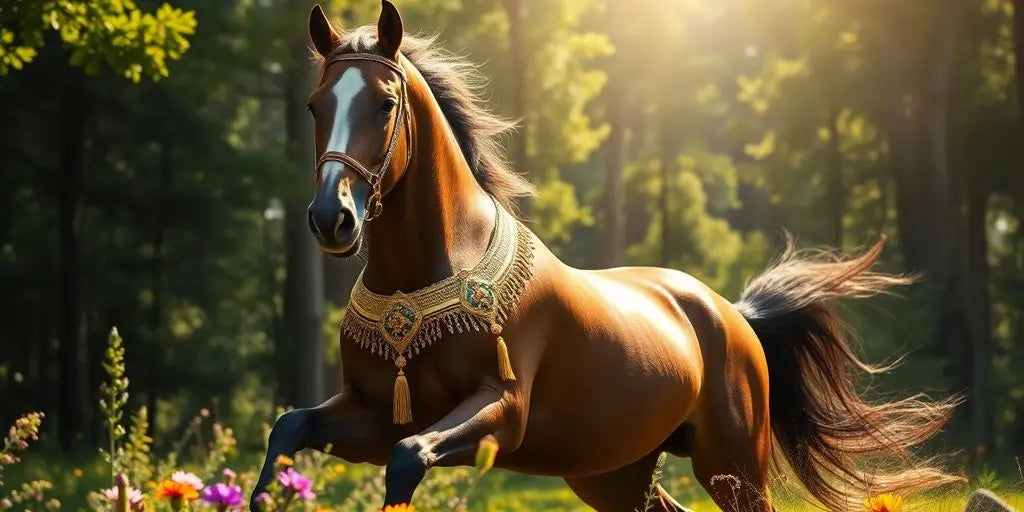 Horse with Royal Merchant Necklace in scenic forest setting.