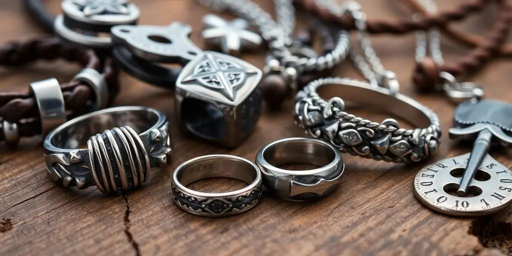 Men's unique jewelry collection displayed on a wooden surface.
