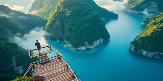 Traveler on cliff platform overlooking jungle and turquoise ocean sunrise