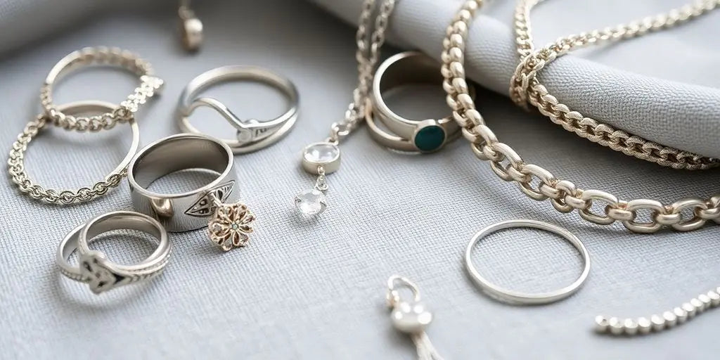 Close-up of intricate silver jewelry pieces on fabric.