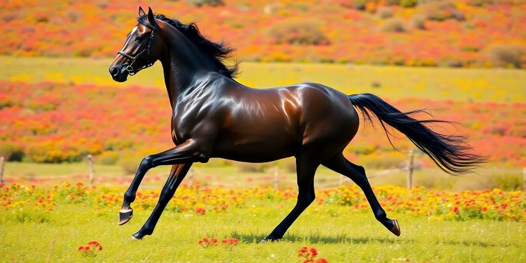 Powerful horse galloping through a vibrant green field.