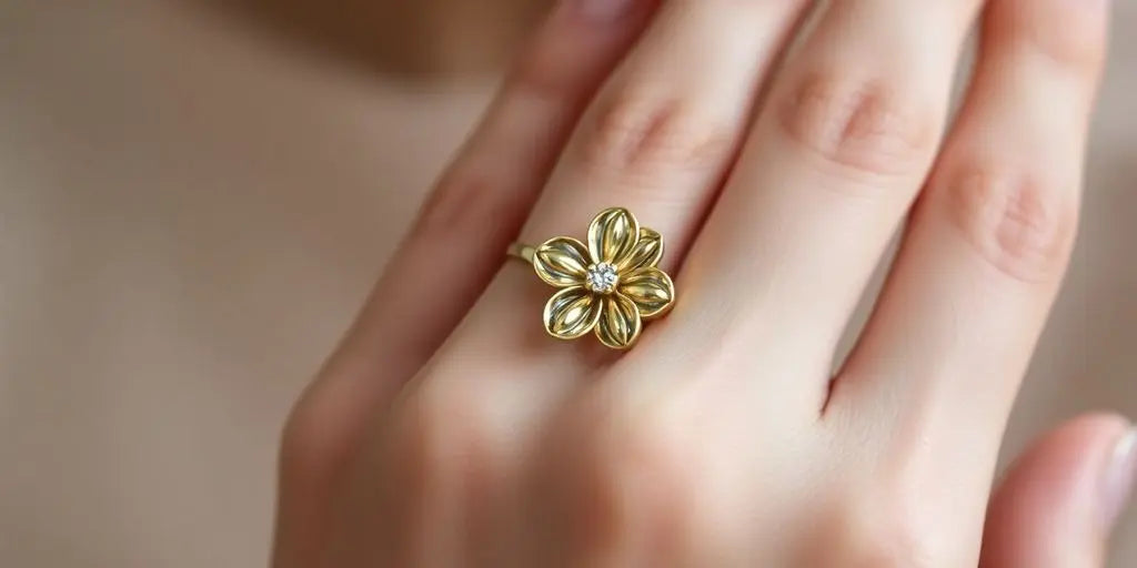 A close-up of a hand with a flowery ring.