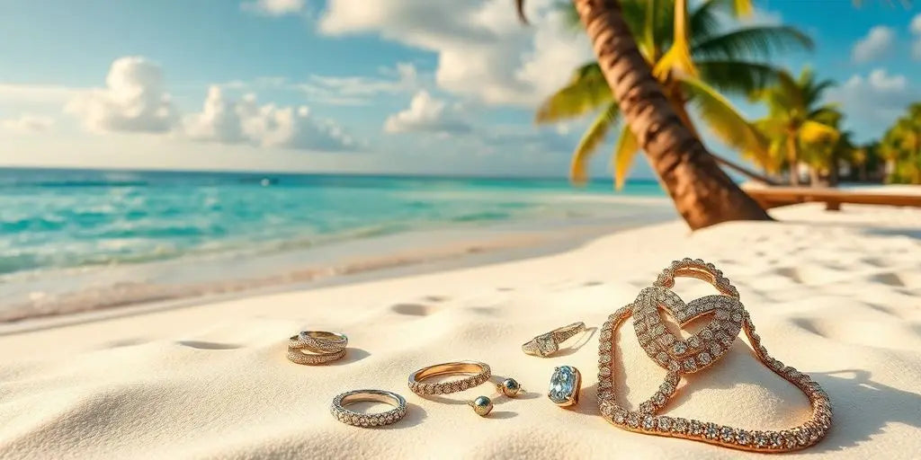 Maldives beach with jewelry against tropical scenery.