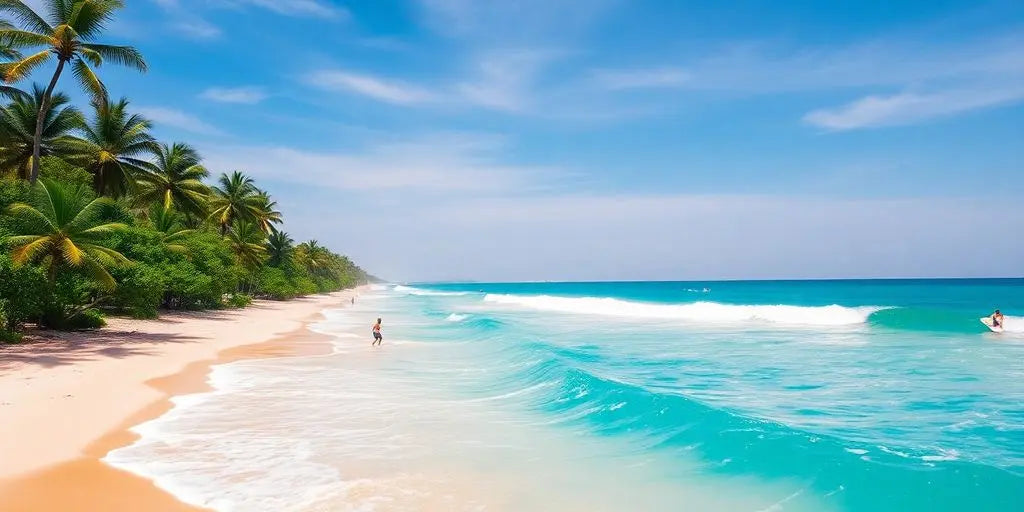 Surfers riding waves at Siargao beach in the Philippines.