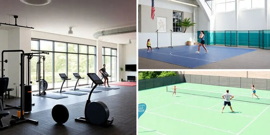 Modern gym, yoga studio, and paddle tennis court.
