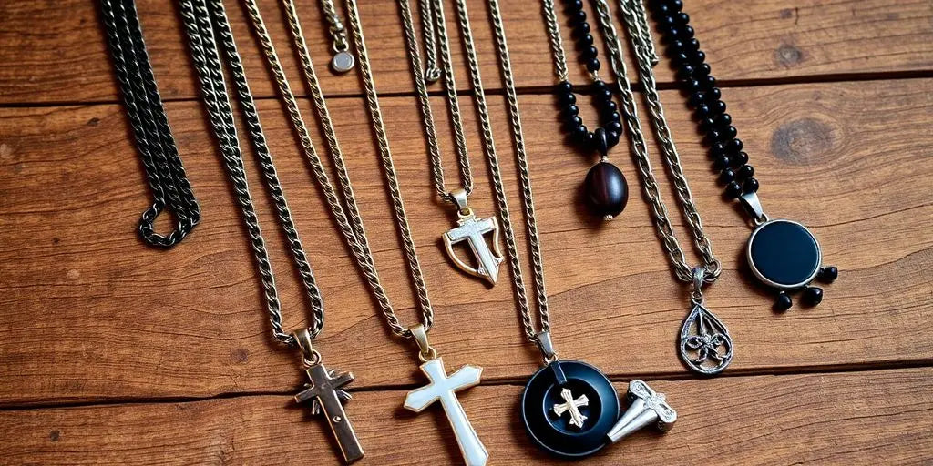 Stylish men's necklaces on a wooden surface.