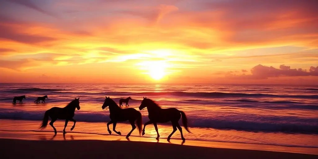 Silhouettes of horses against a colorful sunset by the ocean.