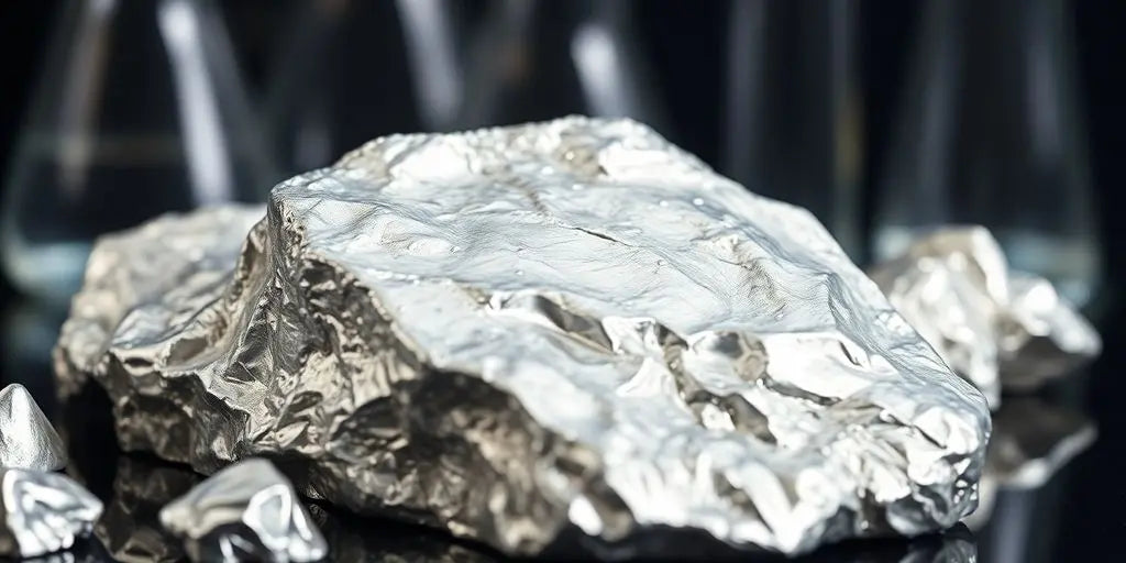 Close-up of shiny silver metal with laboratory equipment.