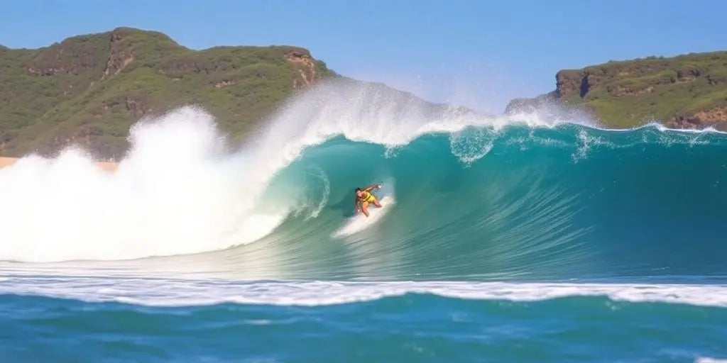 Surfer catching a huge wave at Imusuan Bay.
