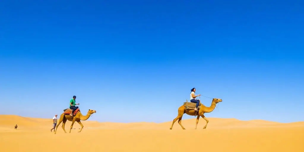 A caravan of camels in a vast desert landscape.