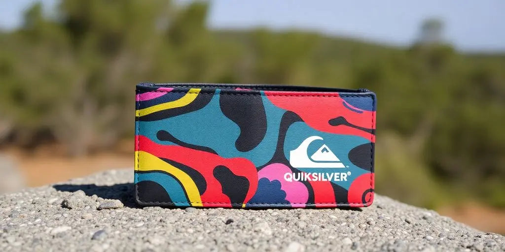 Close-up of a Quiksilver wallet with vibrant colors.