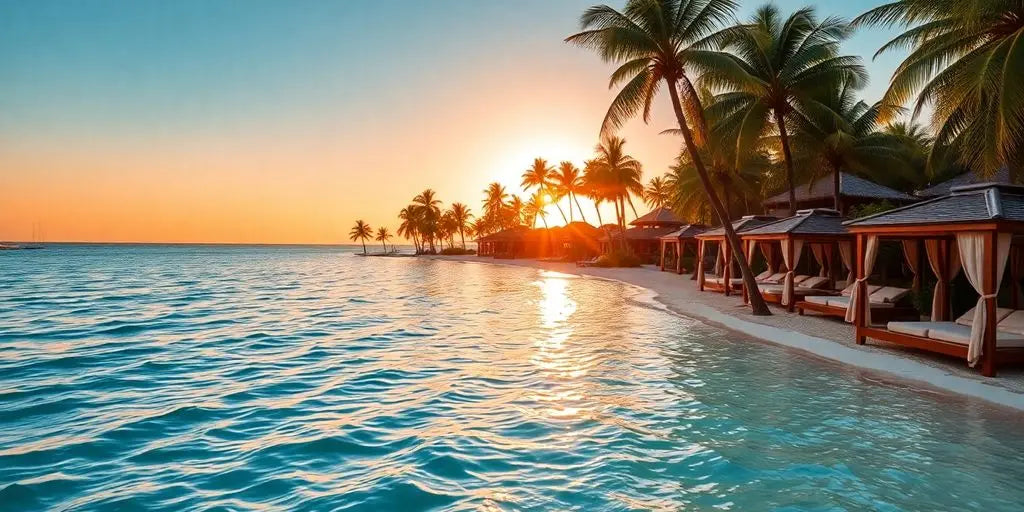 Tropical beach resort with sunset and palm trees.