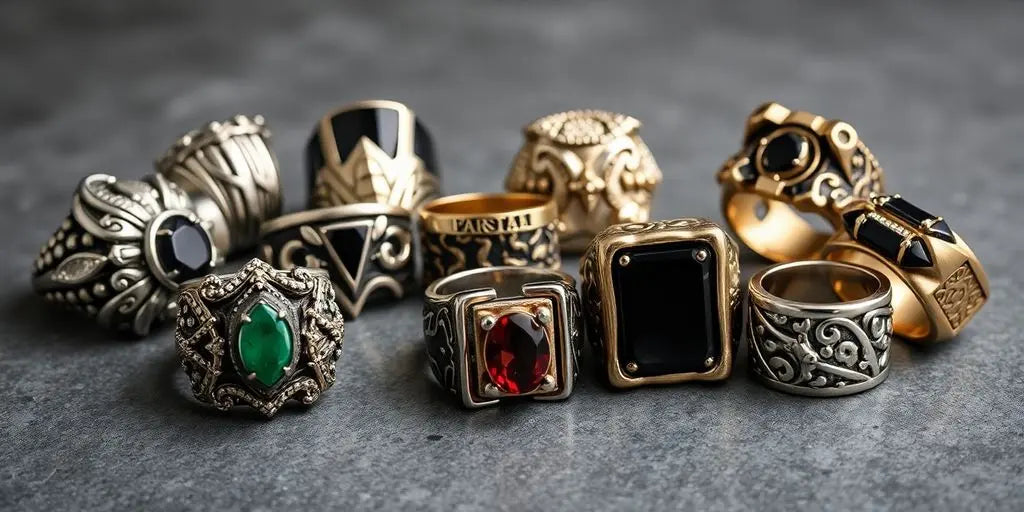 Close-up of stylish men’s statement rings in various designs.