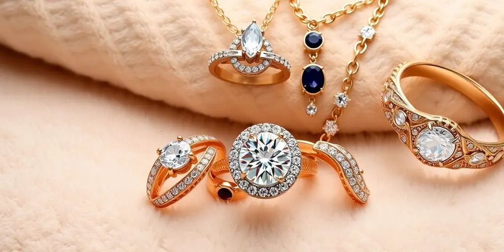 Luxurious jewelry display featuring rings, necklaces, and bracelets.