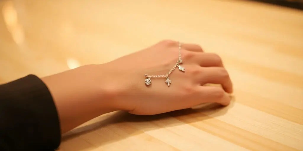 Close-up of a silver charm bracelet