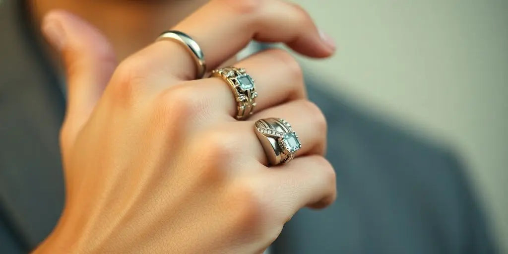 Stylish rings on a man's hand.