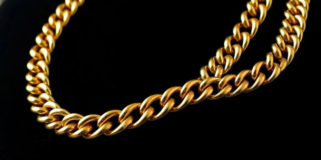 Gold Cuban chain necklace on a dark velvet background.